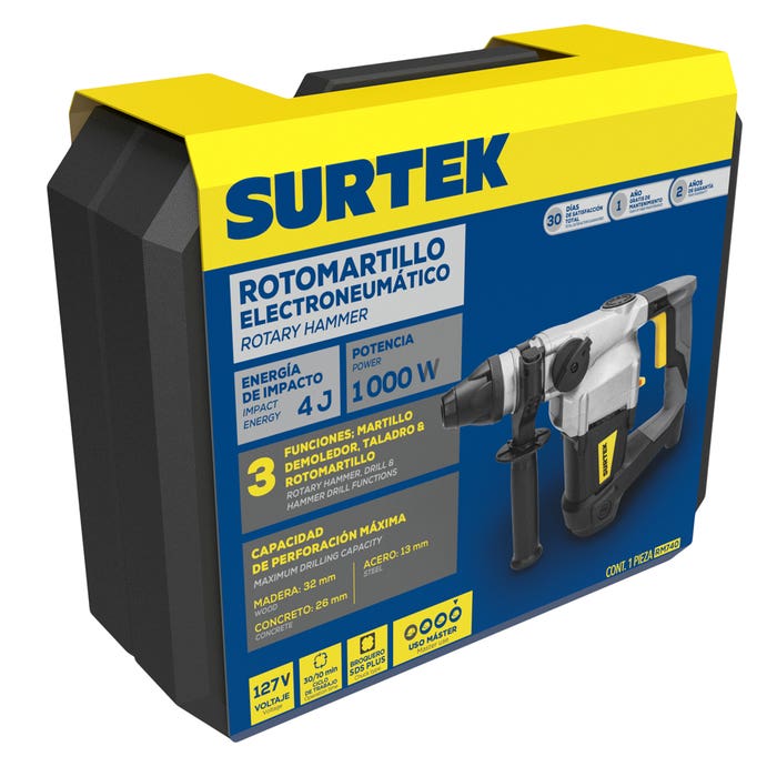 Rotomartillo electroneumáticoSDS Plus 1,000 W 120 V, 4 J, 0 - 850 RPM